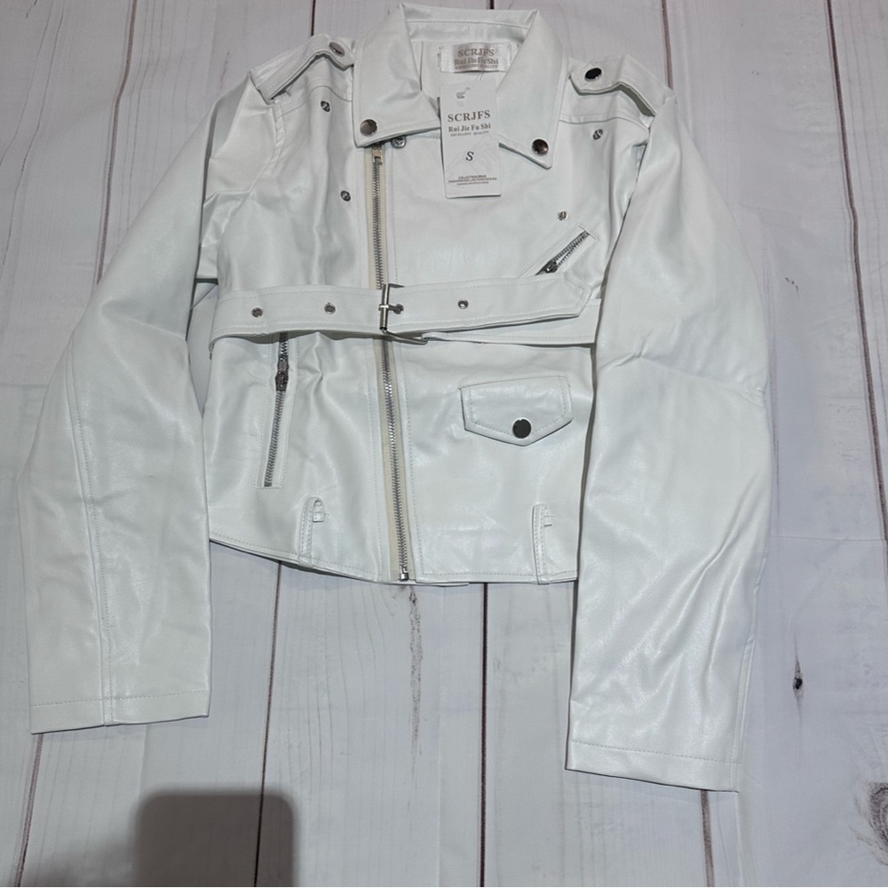 White PU Leather Short Jacket with Belt - Picture 3 of 6